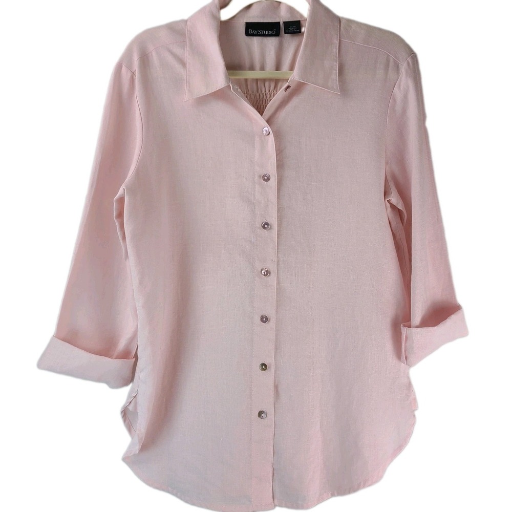 Bay Studio Womens Pink 100% Linen Blouse 3/4 Sleeve Button Down Top Size Small